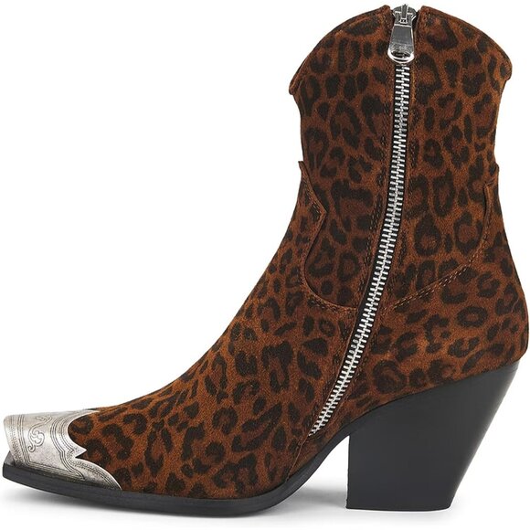 Women's Leopard Engraved Steel Toe Cowgirl Boots Stacked Block Heels Short - Picture 2 of 5